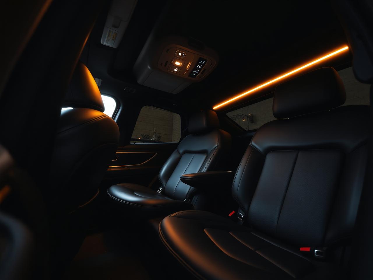 Luxury SUV leather interior with ambient lighting